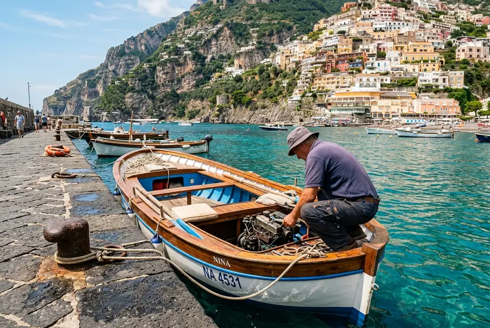 Piccolo gozzo in legno ormeggiato su un molo di pietra della costiera amalfitana con uno skipper che prepara il motore per un noleggio barche ad Amalfi, case a strapiombo e acqua turchese sullo sfondo, luce intensa di mezzogiorno