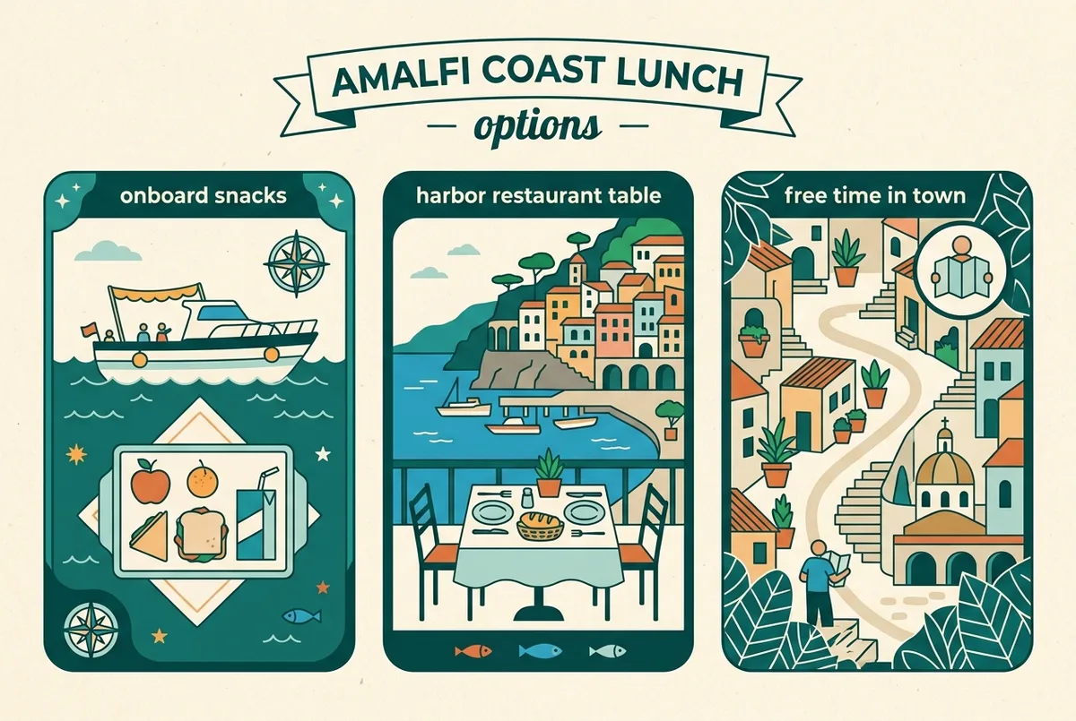 Simple flat-illustrated comparison icon graphic showing three lunch styles onboard snacks, harbor restaurant table, and free time in town, generic icons only, no prices, amalfi boat tour with lunch concept