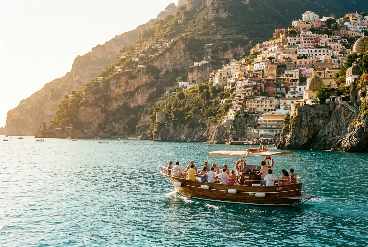 Barca turistica che naviga lungo la costiera amalfitana in una giornata di inizio settembre con poche altre imbarcazioni in vista, mare calmo turchese e luce dorata di fine pomeriggio, periodo migliore per gita in barca costiera amalfitana concept