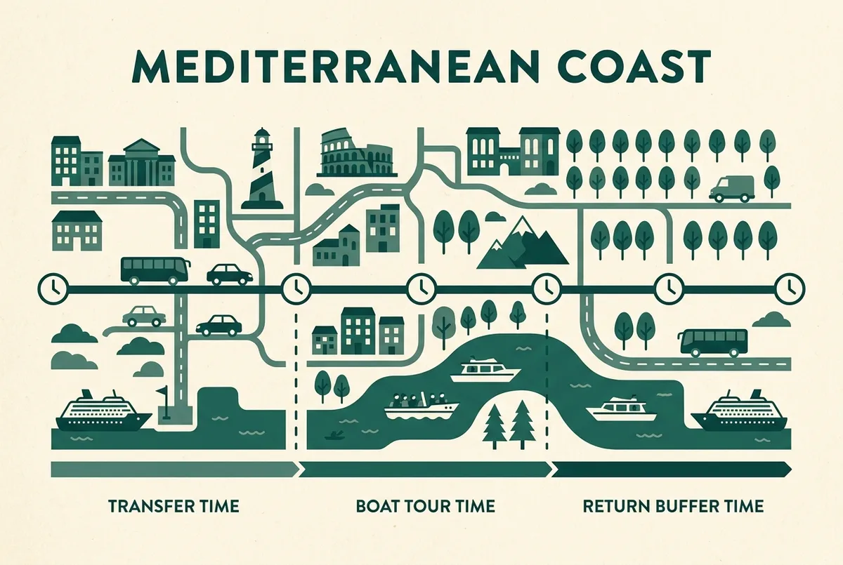 Simple timeline infographic showing a cruise port call split into transfer time, boat tour time and return buffer, clock icons along a horizontal timeline, generic labels only, no specific times or prices