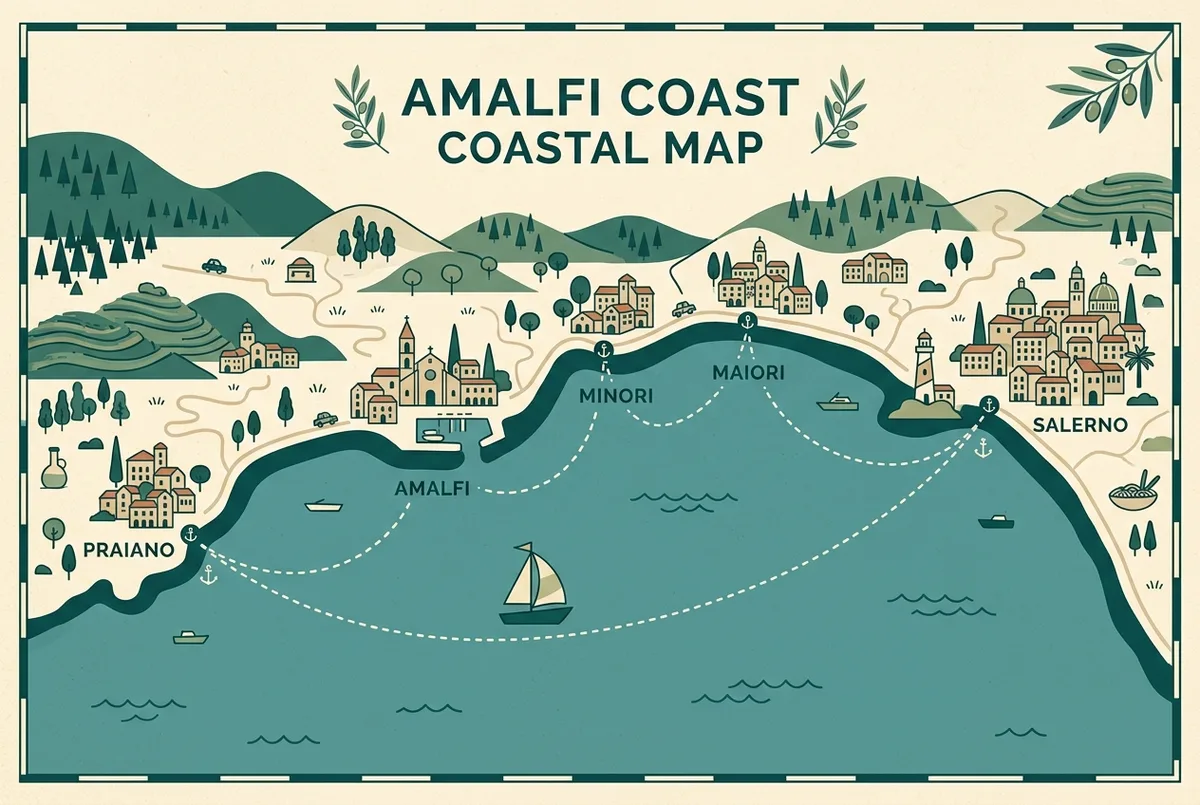 Einfache Routenkarte mit Salerno, Maiori, Minori, Amalfi und Positano entlang der Amalfiküste verbunden durch eine gestrichelte Bootsroute, flacher Illustrationsstil, nur generische Ortsnamen als Beschriftung