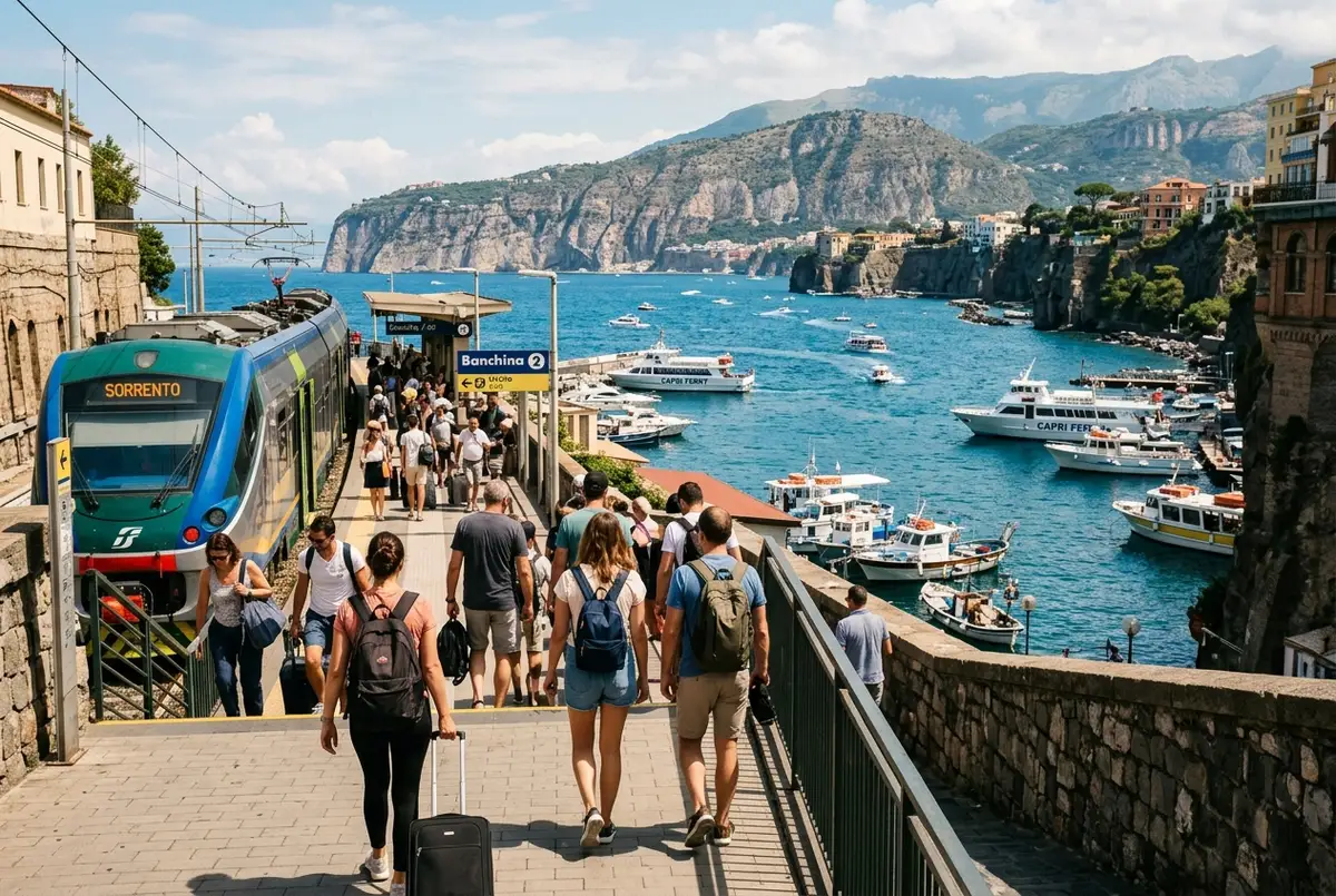 Resenärer kliver av ett tåg i Sorrento och promenerar mot hamnen med båtar på Amalfikusten synliga i bakgrunden, soligt förmiddagsljus, båttur neapel amalfikusten