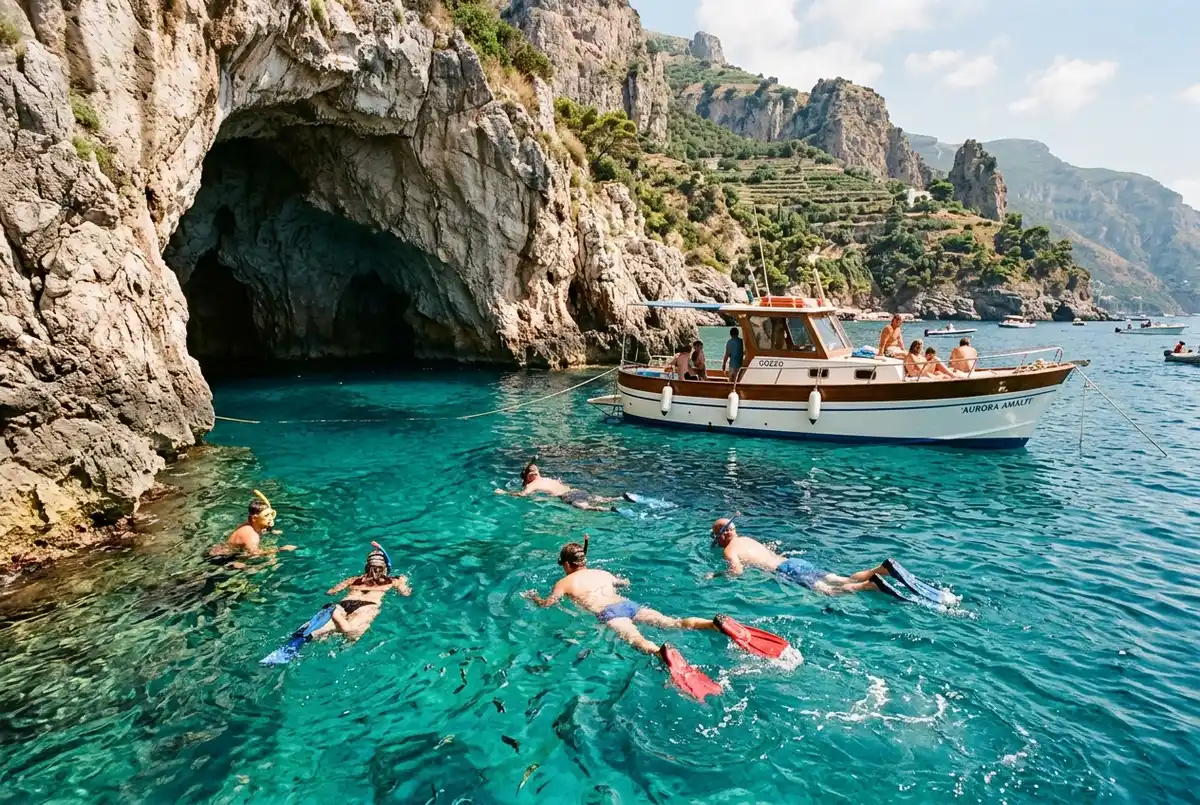 Travelers snorkeling from a boat anchored near a limestone sea cave on the amalfi coast boat tour with swimming, clear turquoise water, masks and snorkels visible