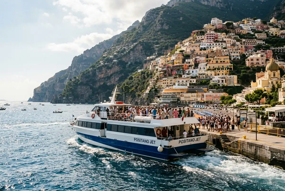 Traghetto pubblico bianco e blu che si allontana dal molo di Positano con passeggeri sul ponte superiore e la scogliera della costiera amalfitana sullo sfondo