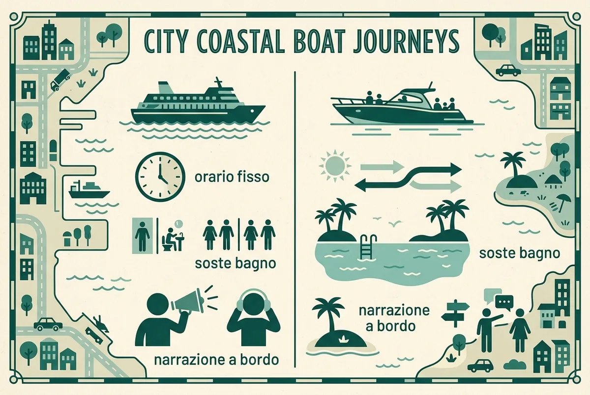 Infografica semplice che confronta un traghetto pubblico e un tour in barca privato su due colonne, con icone generiche per orario fisso, soste bagno e narrazione a bordo, stile piatto