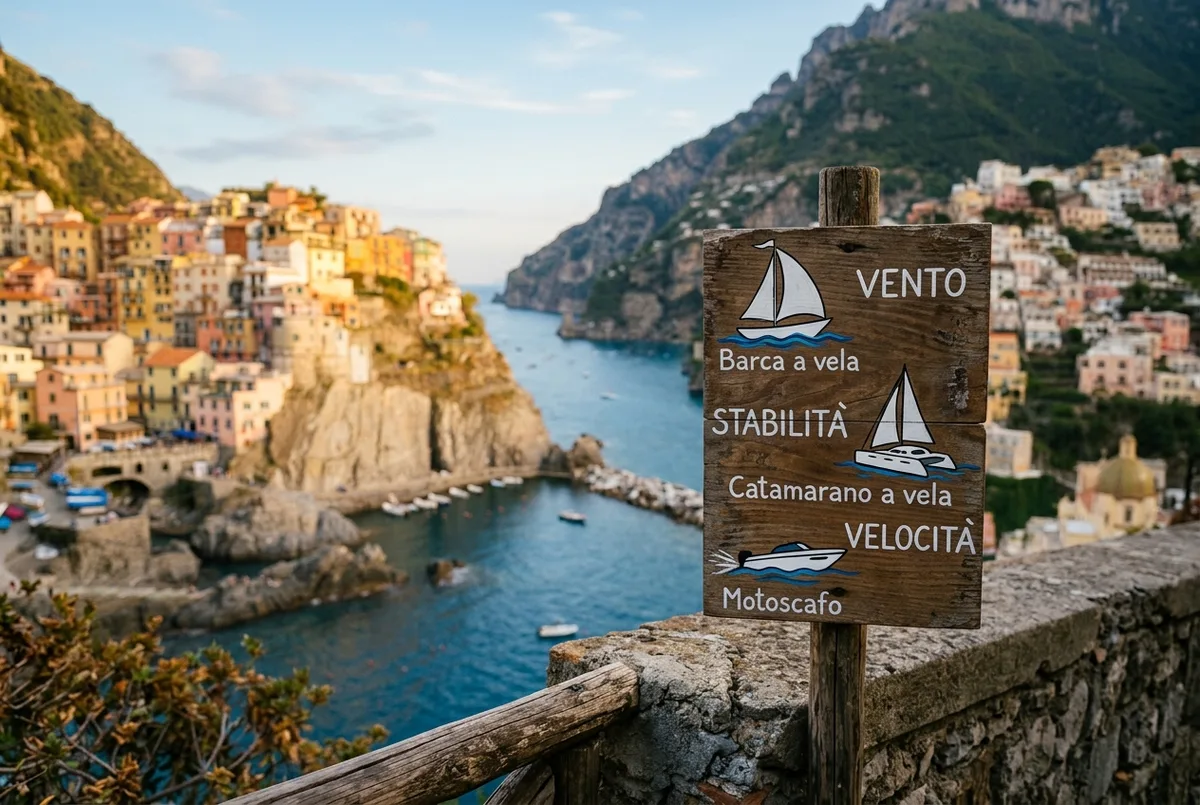 Confronto semplice a icone tra una barca a vela, un catamarano a vela e un motoscafo standard, etichettati genericamente vento, stabilità e velocità, stile piatto illustrato, nessun prezzo, tour barca a vela costiera amalfitana concept