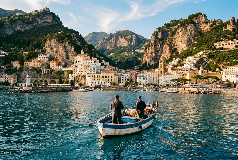 Piccola barca che entra nell'ingresso basso di una grotta marina sulla costiera amalfitana con luce verde smeraldo che filtra nell'acqua, atmosfera intima