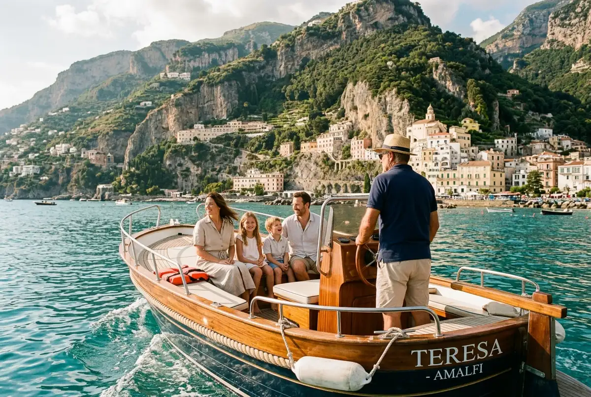 Skipper alla guida di un gozzo in legno con una famiglia a bordo durante un noleggio barca con skipper lungo la costiera amalfitana, scogliera a strapiombo e acqua turchese, luce calda del tardo pomeriggio