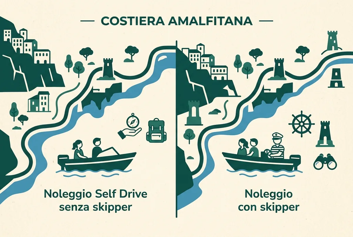 Infografica che mostra la differenza tra un noleggio self drive senza skipper e un noleggio con skipper in costiera amalfitana, due icone di barca con etichette generiche per ruolo a bordo, senza prezzi, stile piatto
