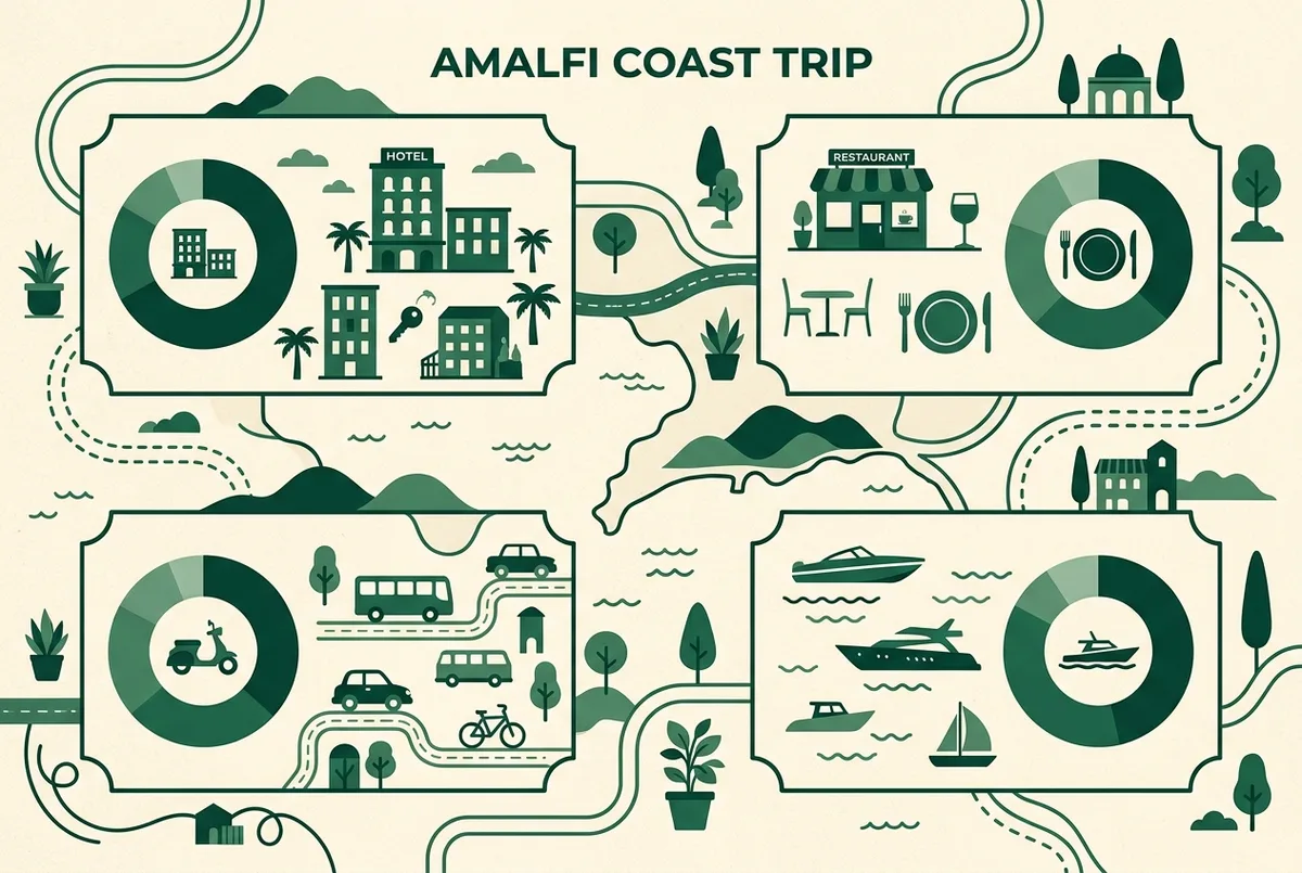 Enkel flatdesign-infografik som visar en budgetfördelning i kategorierna boende, mat, transport och båtdag, generiska cirkeldiagramsikoner utan specifika priser, amalfikusten båttur kostnad-koncept