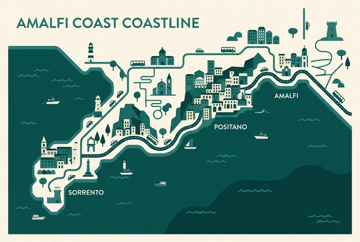 Mappa illustrata del tratto di costa tra Sorrento, Positano e Amalfi con icone di barca e tempo di sosta indicato con etichette generiche in ciascun paese, stile piatto