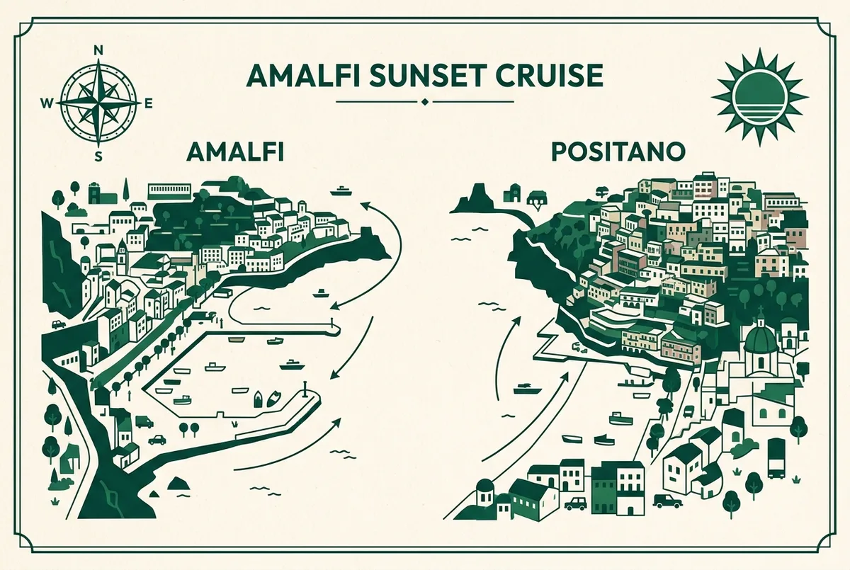 illustrated map of Amalfi highlights for Solnedgångstur med Båt Amalfikusten, solnedgångstur amalfikusten