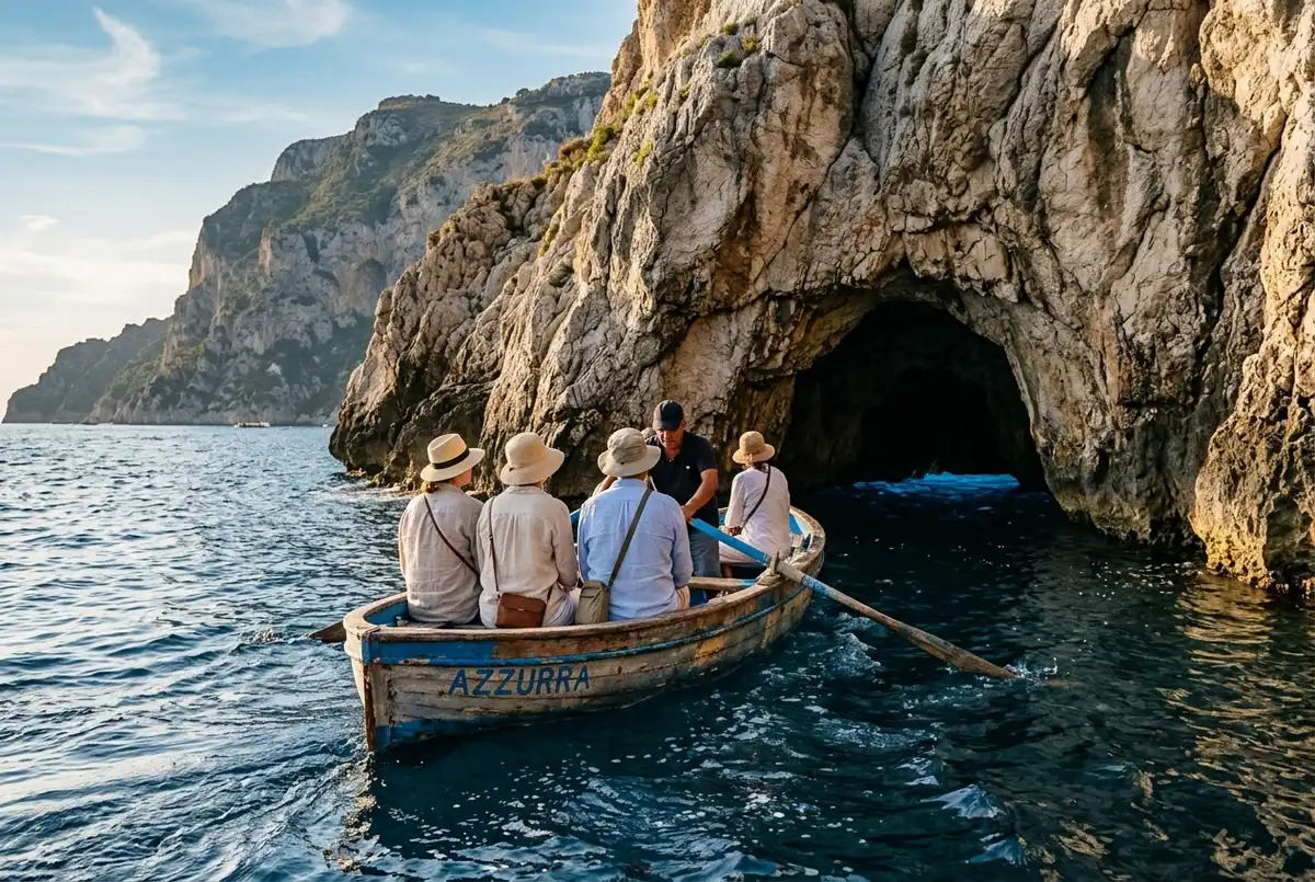 Small rowboat ferrying tourists through the low, narrow entrance of Capri's Blue Grotto sea cave, electric blue light glowing on the water inside, bright exterior sunlight behind