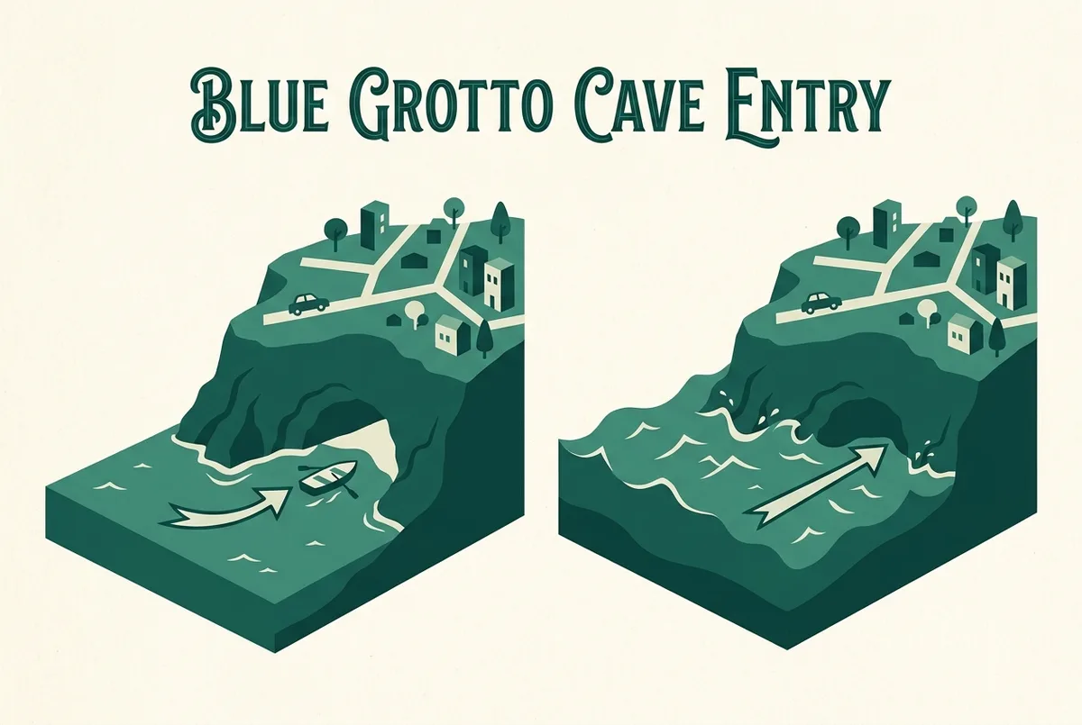 Simple diagram showing the Blue Grotto's low cave entrance at different water levels, one arrow marking calm low tide allowing boat access and another marking rough or high tide blocking it, flat illustrated style, generic labels only