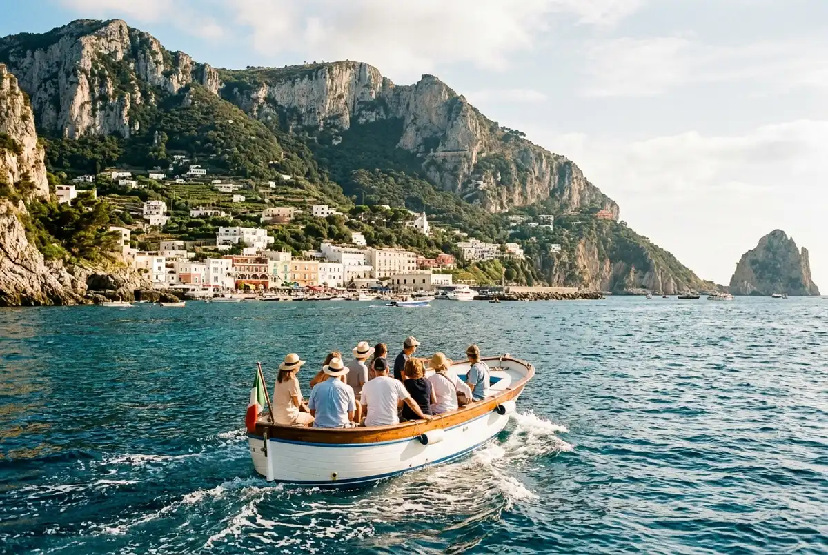 Piccola barca turistica che si avvicina ai drammatici faraglioni calcarei di Capri durante un tour in barca da Amalfi a Capri, con Positano arroccata sulla scogliera visibile in lontananza sull'acqua, luce intensa di mezzogiorno mediterraneo