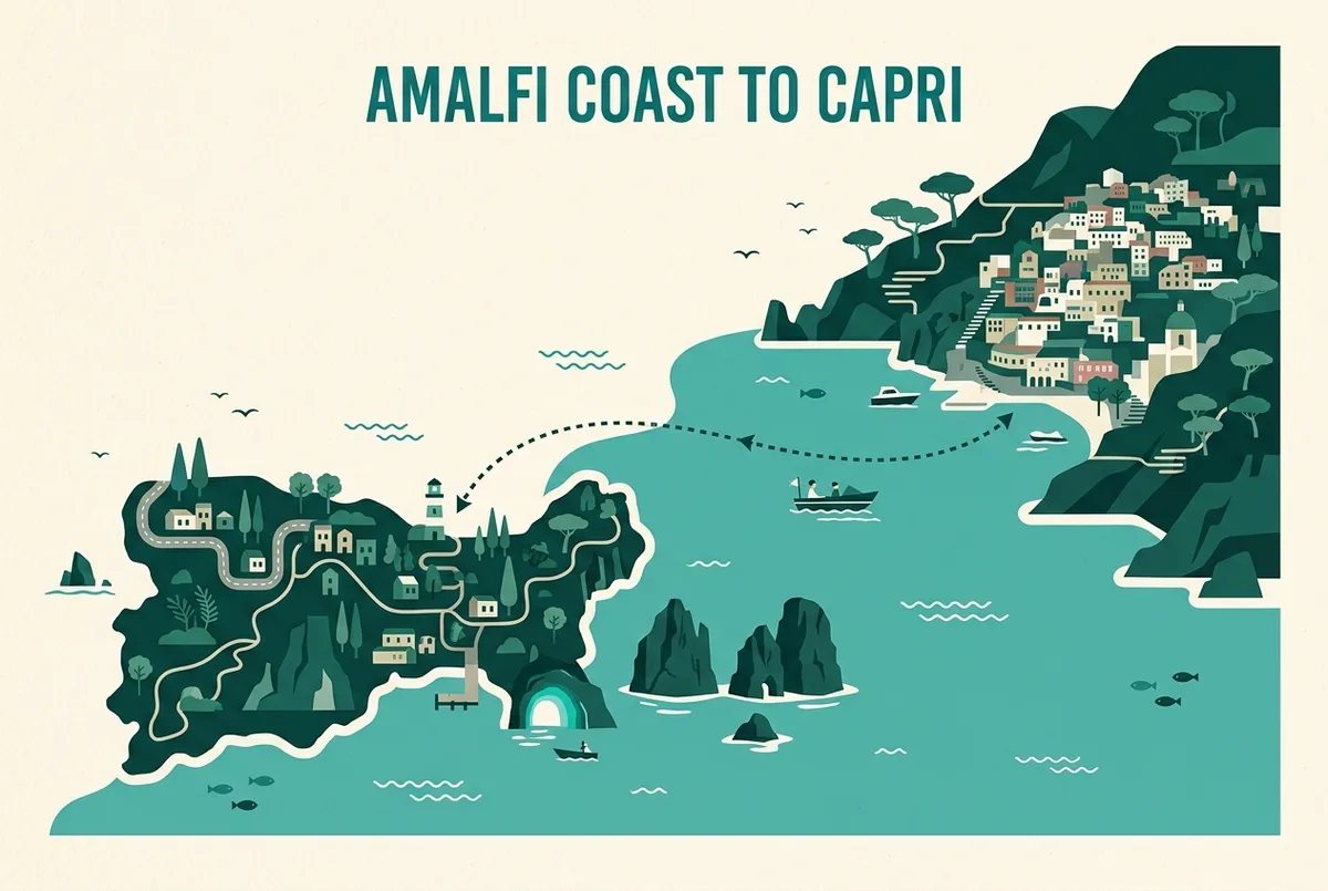 illustrated map of Amalfi highlights for Escursioni in Barca a Capri dalla Costiera Amalfitana (Capri Boat Tours from the Amalfi Coast), tour in barca da amalfi a capri