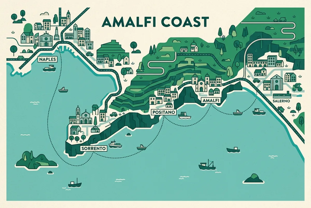 Einfache, illustrierte Karte der Amalfiküste mit Amalfi, Positano, Sorrent, Salerno und Neapel verbunden durch kleine Bootssymbole und gestrichelte Routenlinien, flacher Stil, nur generische Ortsnamen als Beschriftung