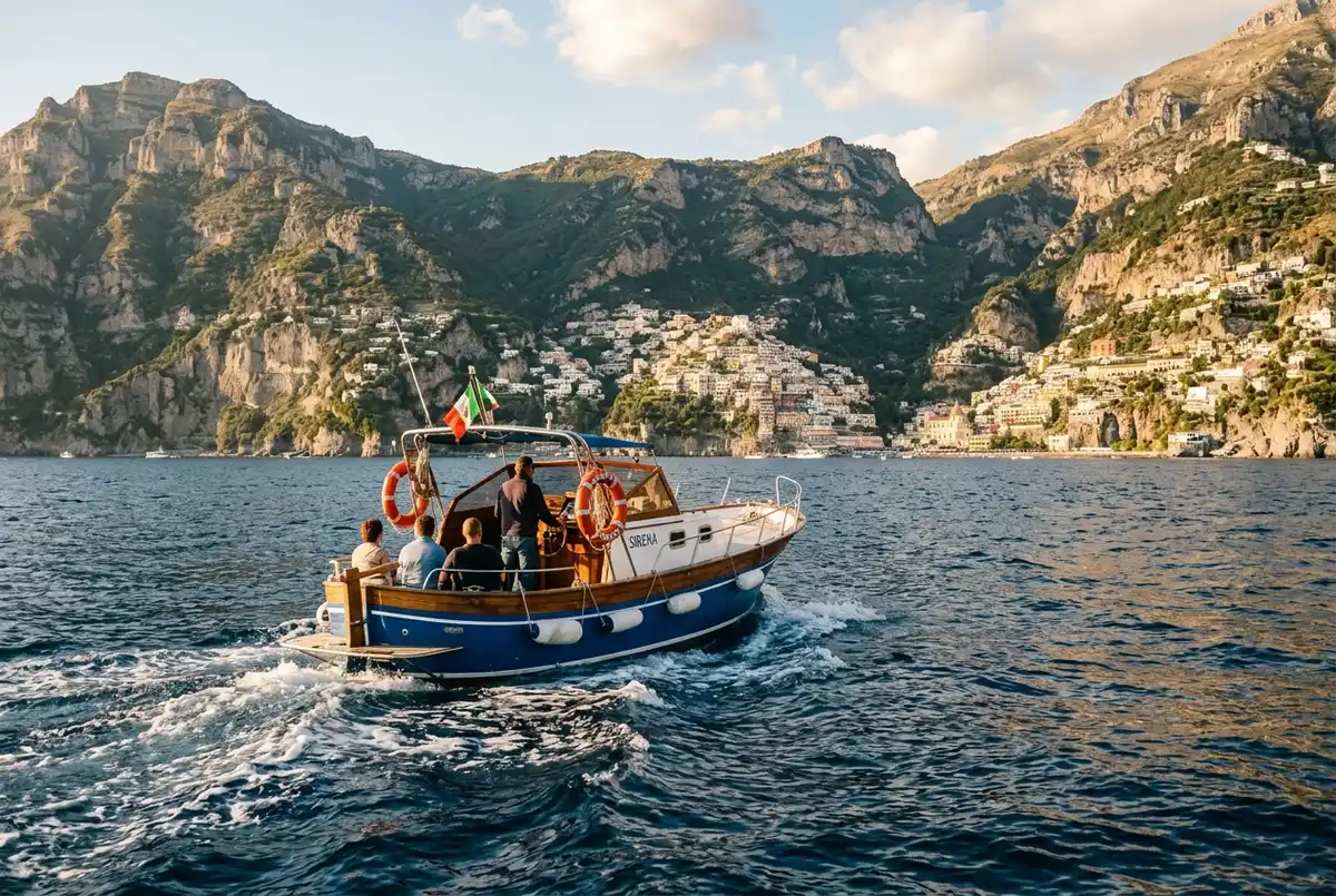 Boat crossing open water near Sorrento's marina with Capri's silhouette on one horizon and the cliffside towns of the Amalfi Coast faintly visible on the other, bright midday light