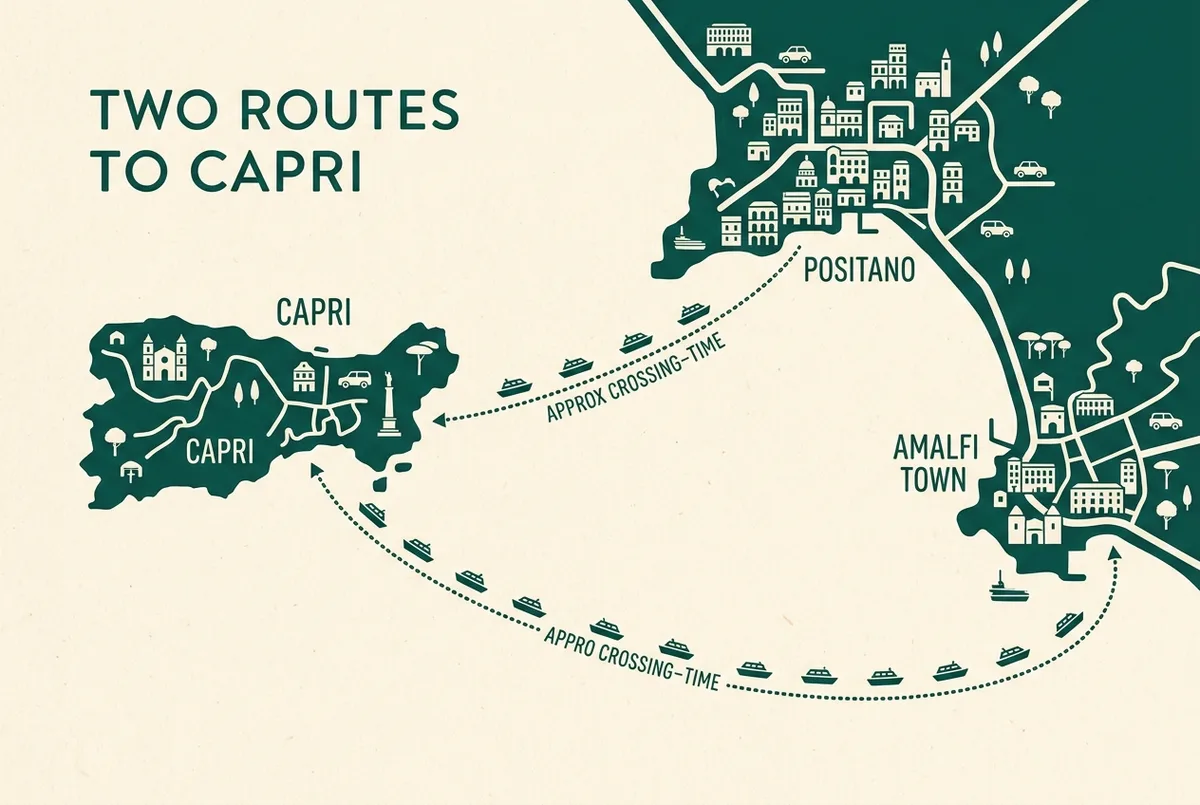 Carte simple et illustrée comparant deux routes de bateau en pointillé vers Capri, une courte depuis Positano et une plus longue depuis la ville d'Amalfi, avec des étiquettes approximatives de durée sur chacune, style plat illustré, étiquettes génériques uniquement