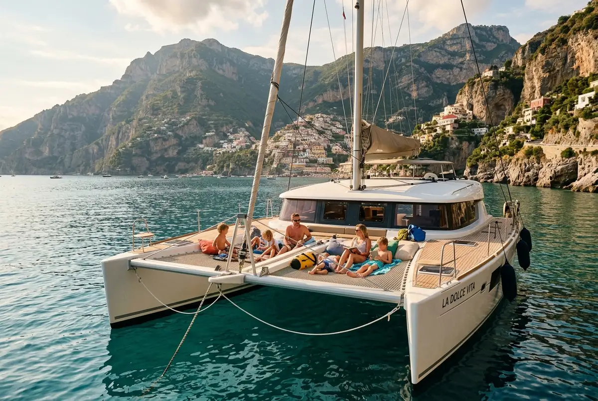 Wide-decked catamaran anchored in a calm Amalfi Coast cove with a family group relaxing on the trampoline netting between the twin hulls, cliffs in the background, catamaran amalfi coast concept