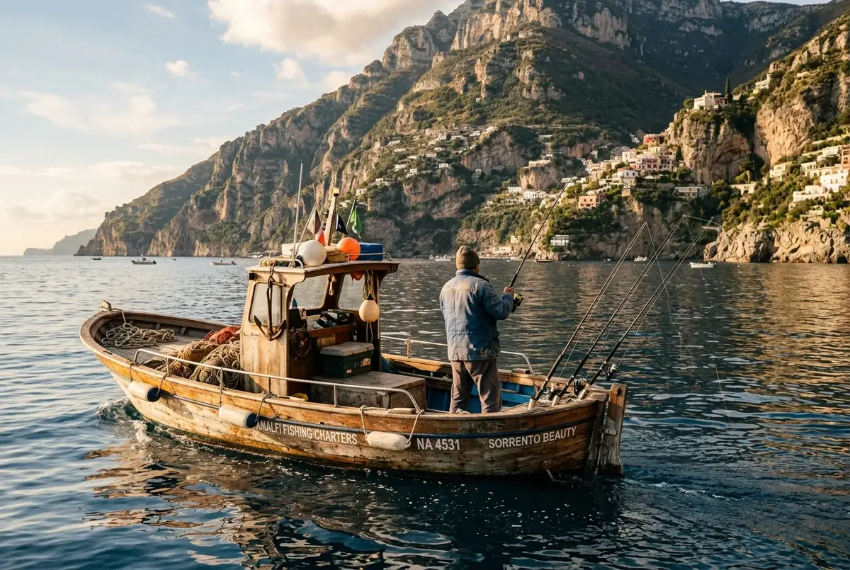 Small fishing boat with rods set up off the back, calm water near the amalfi coast cliffs, angler holding a rod, fishing charters amalfi coast concept