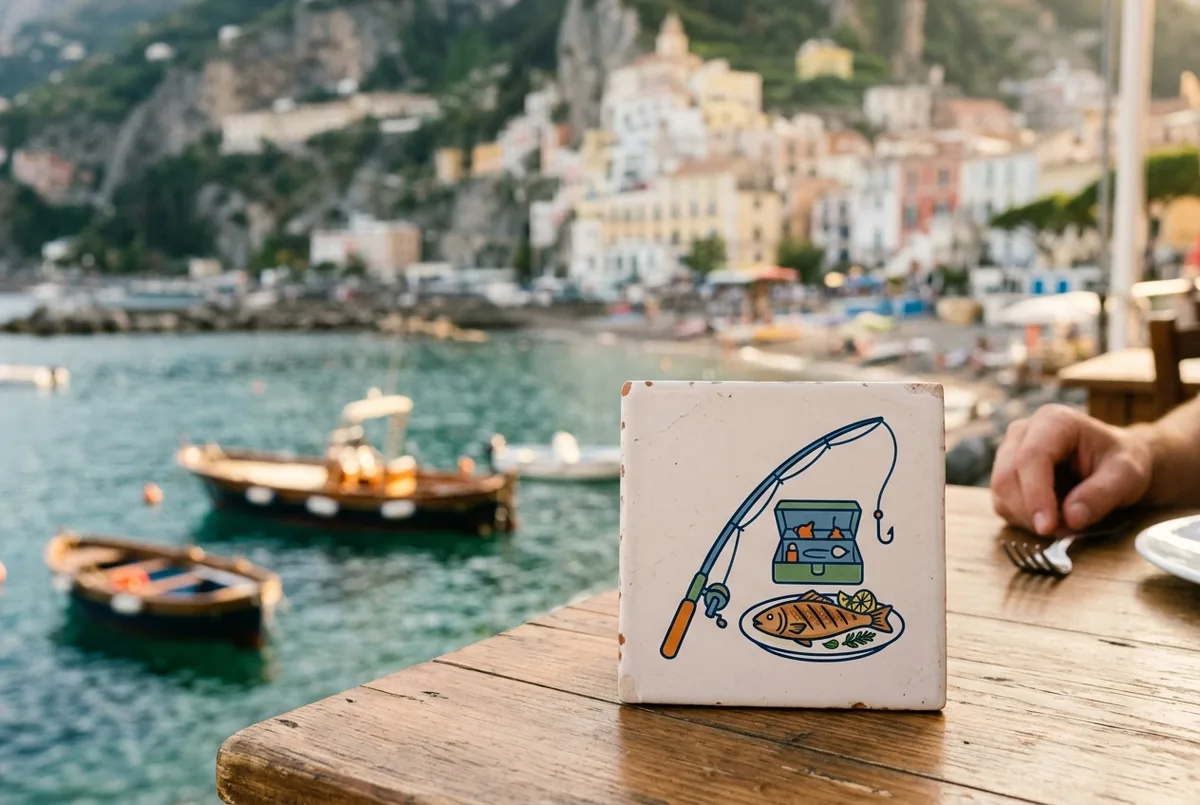 Simple flat-illustrated icon graphic showing fishing rod, tackle box and a grilled fish on a plate, generic icons only, no prices or statistics, fishing charters amalfi coast concept