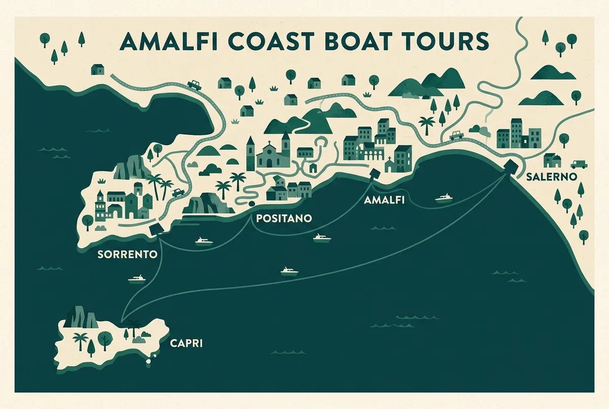 Karte der Abfahrtshäfen für eine Bootstour Amalfiküste mit Amalfi, Positano, Sorrent und Salerno