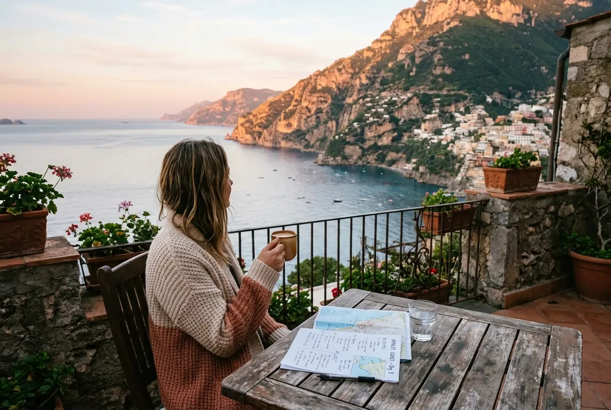 Reisende blättert am Frühstückstisch mit Meerblick in Positano in einem handgeschriebenen Reiseplan für mehrere Tage an der Amalfiküste, warmes Morgenlicht