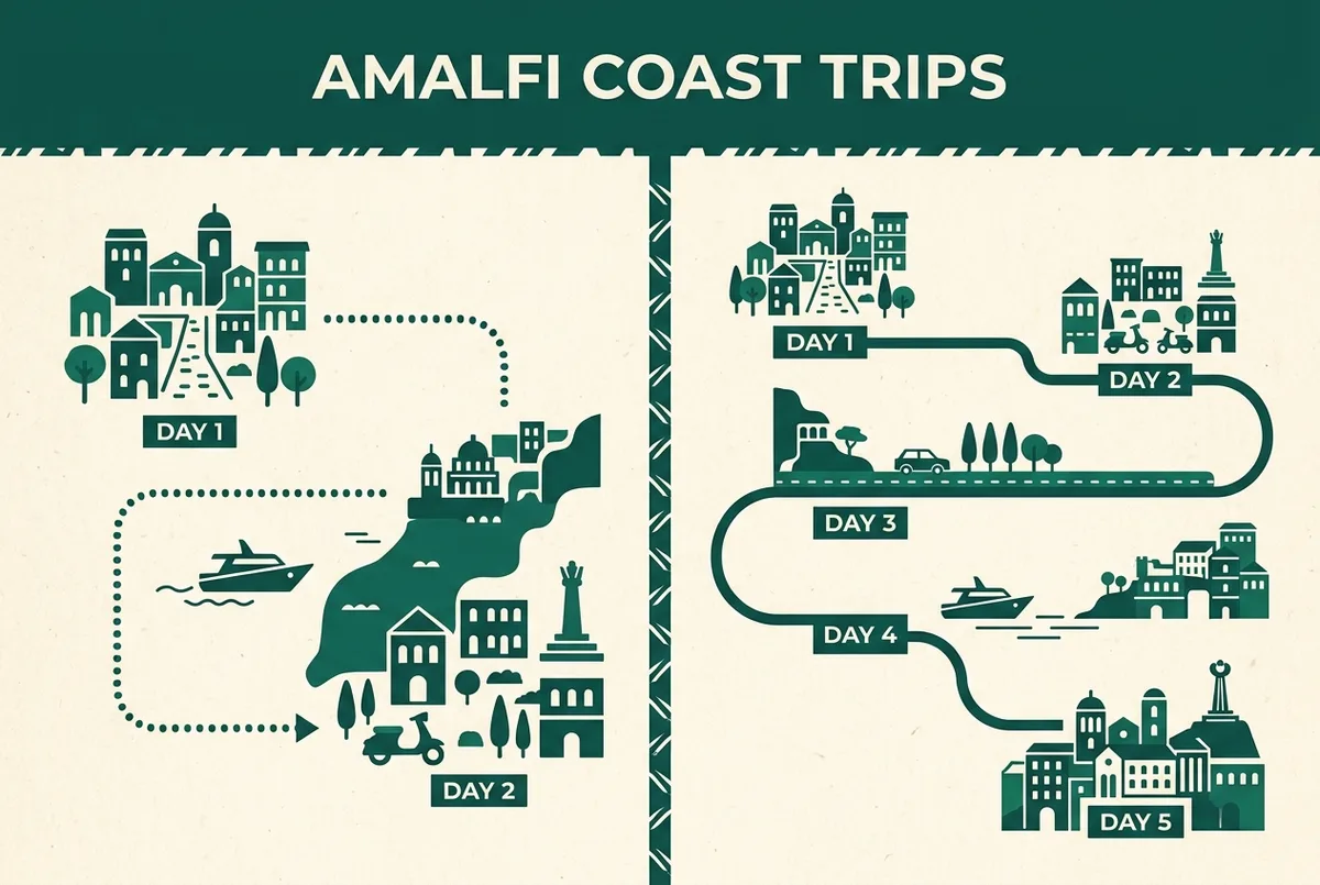 Einfache Zeitstrahl-Infografik mit drei Reisedauern: 2 Tage Kurzbesuch, 4 bis 5 Tage entspanntes Programm, über 5 Tage langsame Reise, jeweils mit Programmpunkten als generische Beschriftung, Amalfiküste-Silhouette im Hintergrund