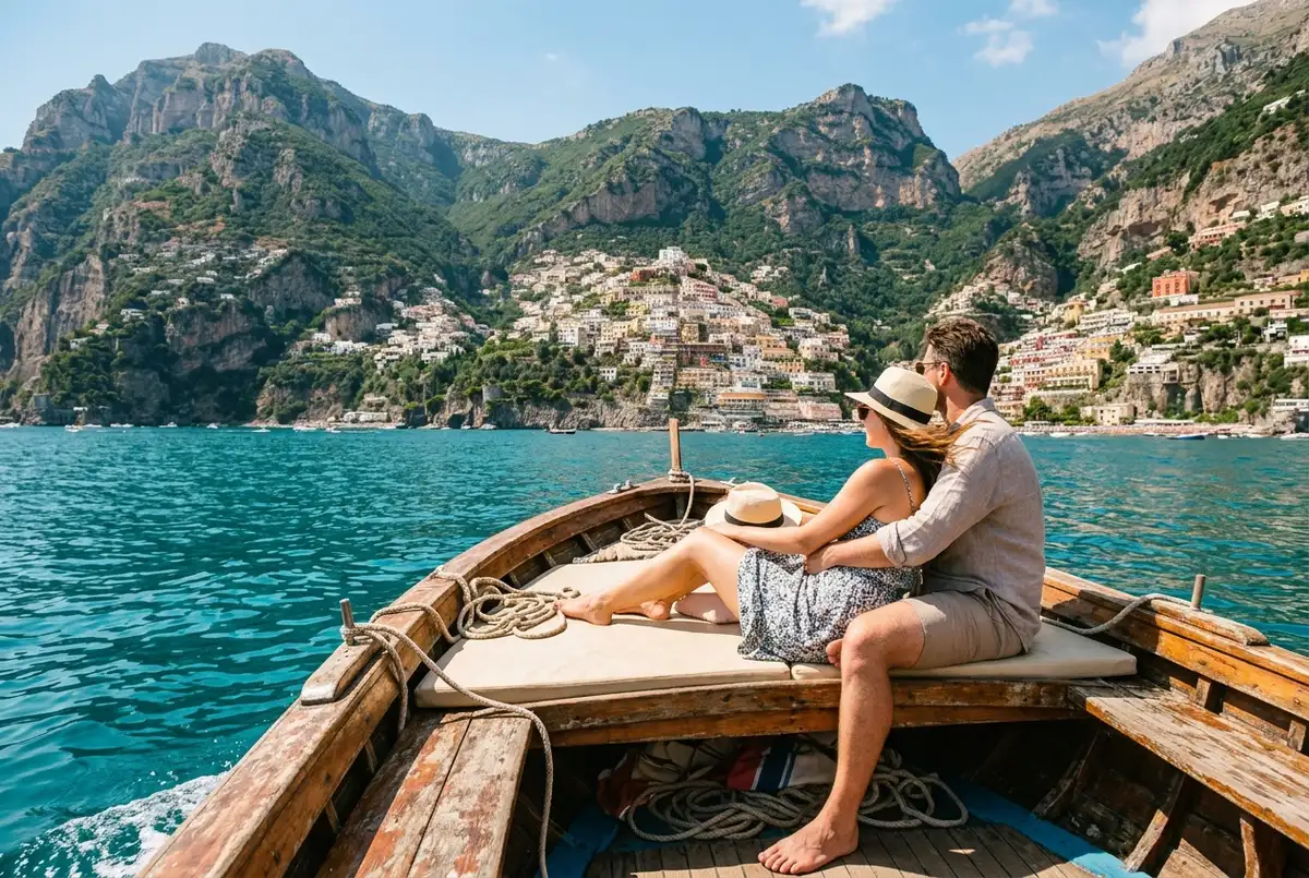 Coppia di viaggiatori seduta a prua di una barca in legno che costeggia la costiera amalfitana sotto il sole di mezzogiorno, mare turchese e scogliere a strapiombo sullo sfondo, espressione rilassata e soddisfatta, vale la pena un giro in barca in costiera amalfitana concept