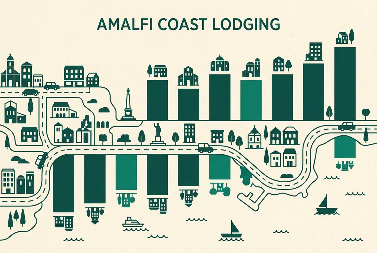 Simple flat-illustrated infographic comparing average lodging cost by town along the amalfi coast, bar chart style with generic town name labels only, no specific prices shown