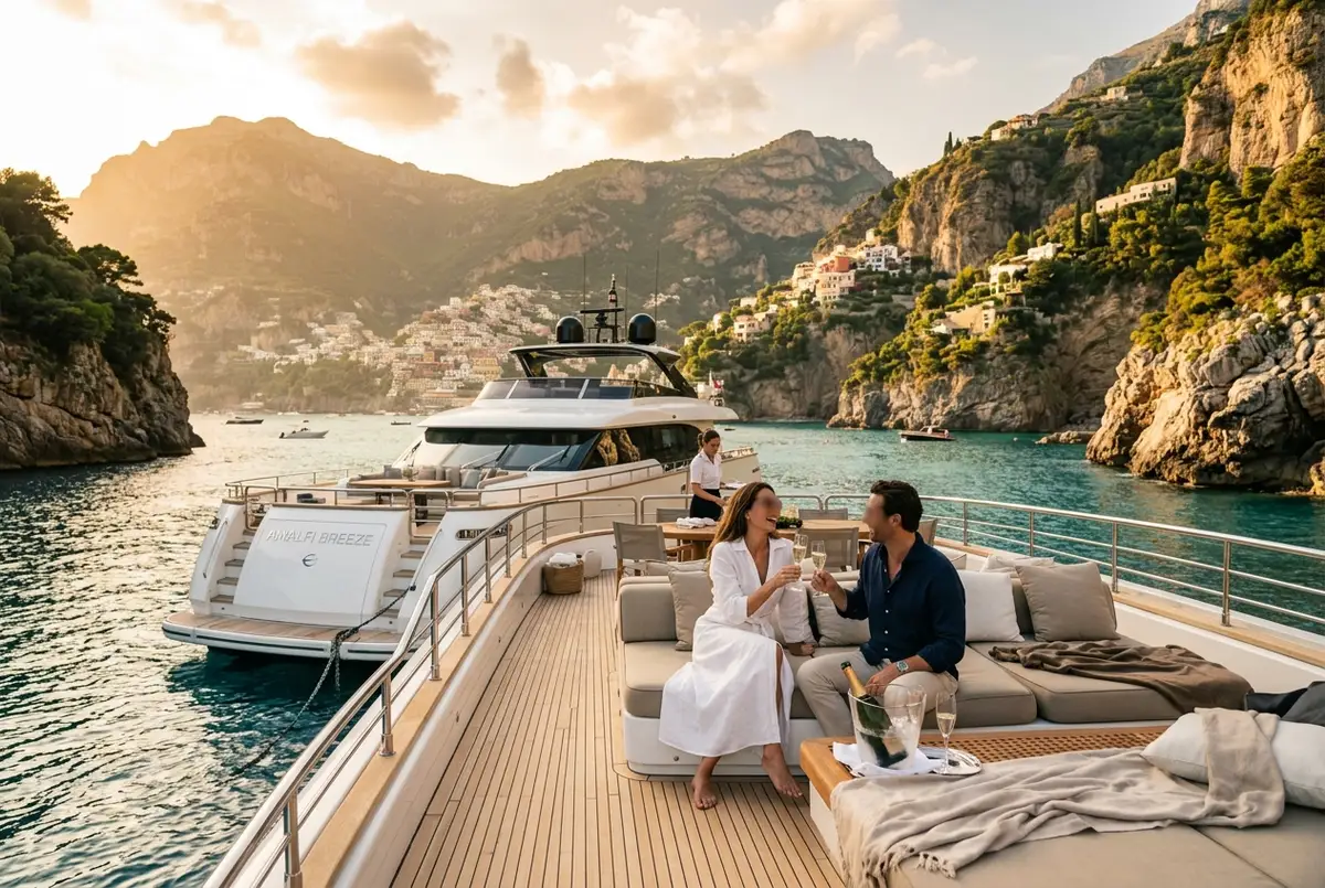 Elegante weiße Luxusyacht ankert vor der Steilküste bei Positano, gut gekleidetes Paar feiert ein Jubiläum an Deck mit Champagnergläsern, warmes Abendlicht