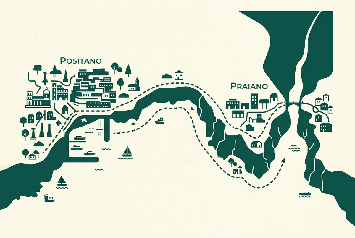 Simple map showing Positano's main beach marina with dashed lines running along the coast to Praiano and the Fiordo di Furore, flat illustrated style, generic place labels only