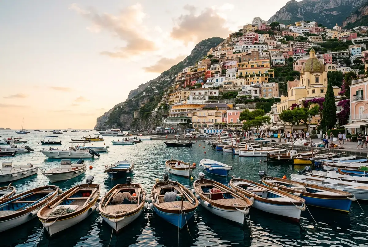 Viaggiatori salgono su una piccola barca ormeggiata sulla spiaggia principale di Positano per un giro in barca a Positano, case color pastello della costiera amalfitana sullo sfondo, luce calda del mattino