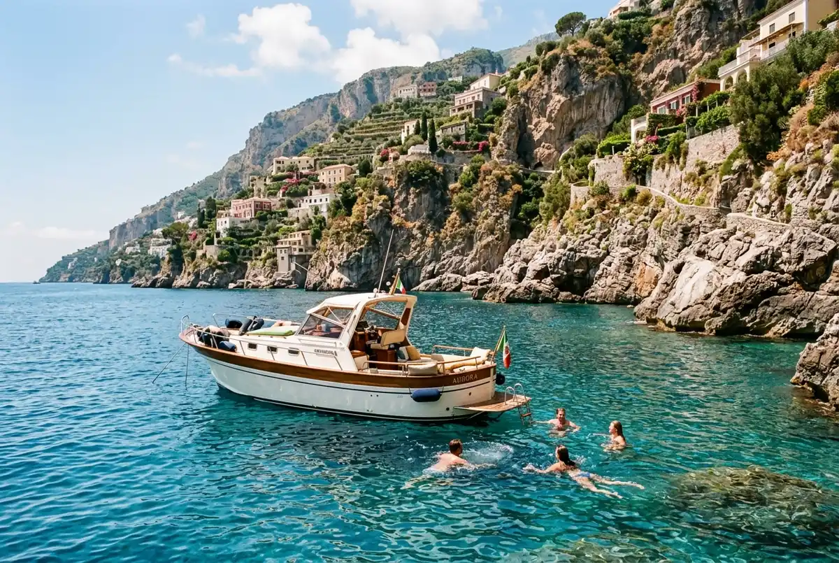 Elegante private Motoryacht ankert nahe der Grotta Smeraldo an der Amalfiküste, kleine Gruppe entspannt an Deck mit Proseccogläsern, goldenes Nachmittagslicht