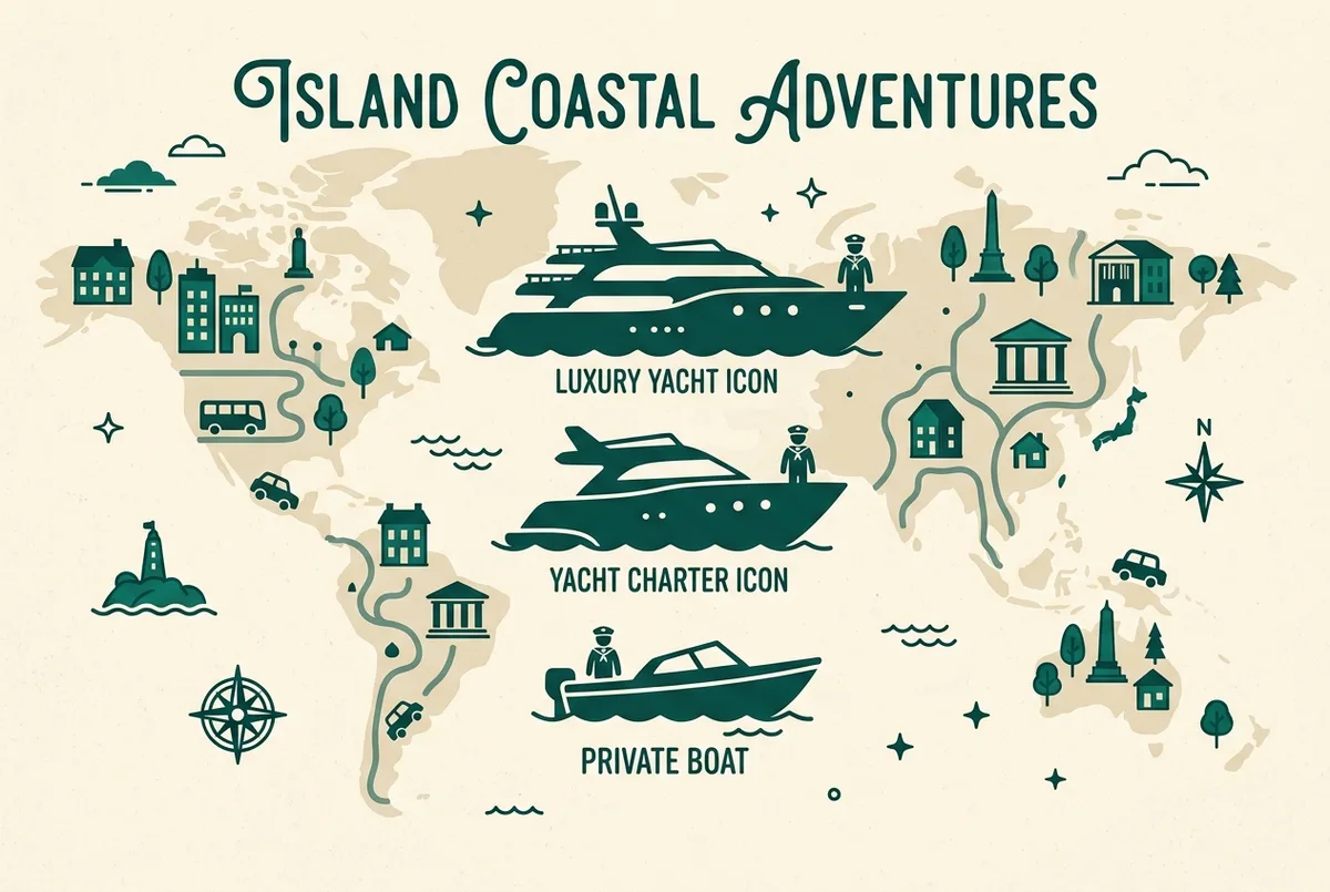 Einfache Infografik mit drei Stufen: kleines Boot-Symbol für geteilte Tour, mittleres Yacht-Symbol für private Bootscharter, großes Segel-Symbol für Luxuscharter, jeweils mit Preis- und Personenangaben als generische Platzhalter, Amalfiküste-Silhouette im Hintergrund